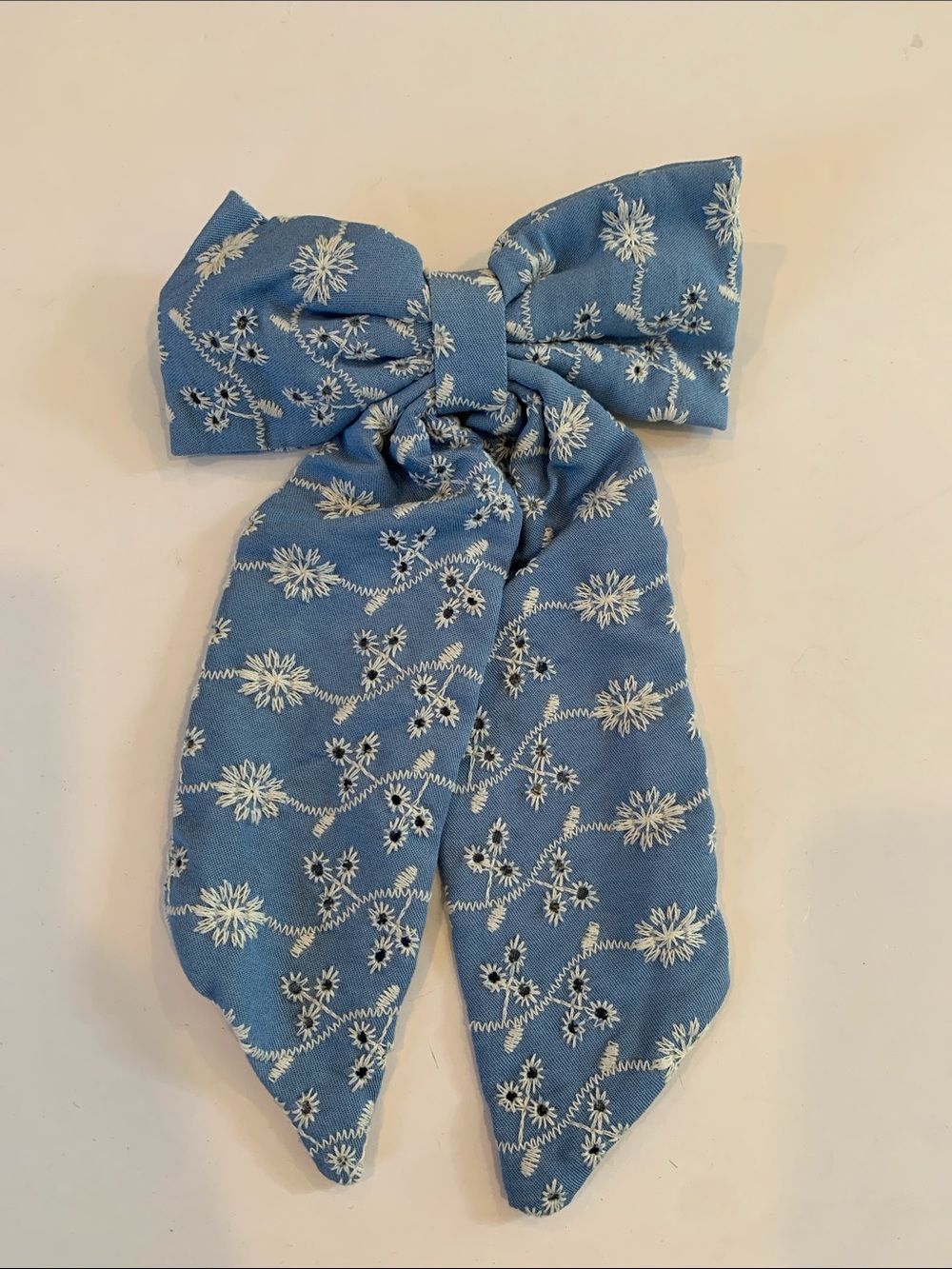 Blue and White Eyelet Embroidered Long Tails Bow French Barrette Hair Clip